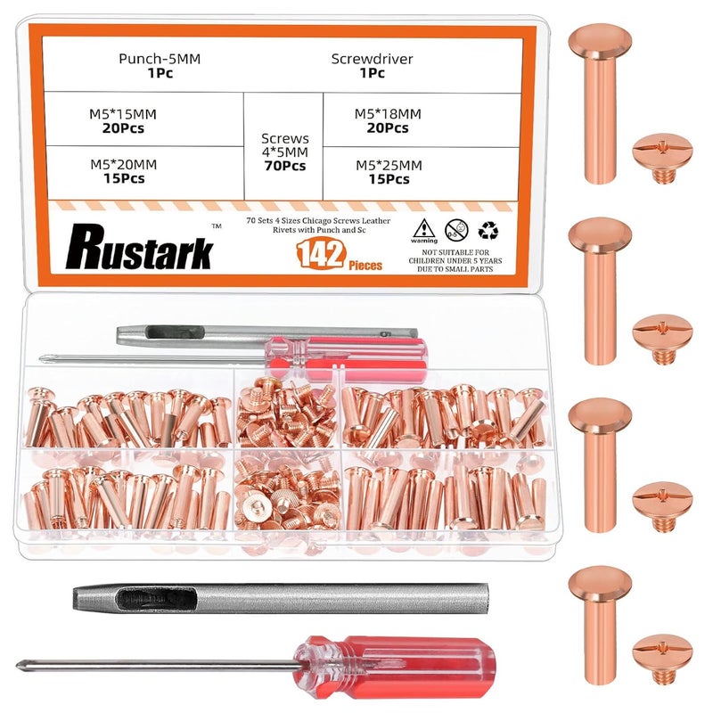 Rustark 142Pcs 4 Sizes Rose Gold Chicago Screws Leather Rivets Assortment Kit with Setting Tools M5 Assorted Screws Rivets Metal Chicago Binding Screw for Leather Craft Belts Bags - Image 1